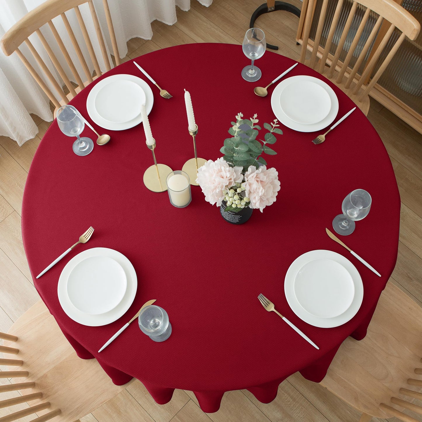 Biscaynebay 2 Pack Textured Fabric Round Tablecloths 70", Red Water Resistant Tableclothes Small Circle Folding Table Covers Linen for Dining, Kitchen, Wedding, Parties etc Machine Washable