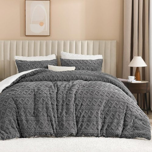 Andency Fluffy Sherpa Queen Comforter Set - Super Soft Gray Fleece Bedding | Luxury 3-Piece Boho Design