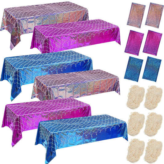 Oudain 12 Pcs Mermaid Tablecloth Fish Net and Iridescent Plastic Table Cloth Decorations Set for Mermaid Birthday Decorations,Ocean Summer Sea Theme Party Baby Shower (Purple,Blue,Pink)