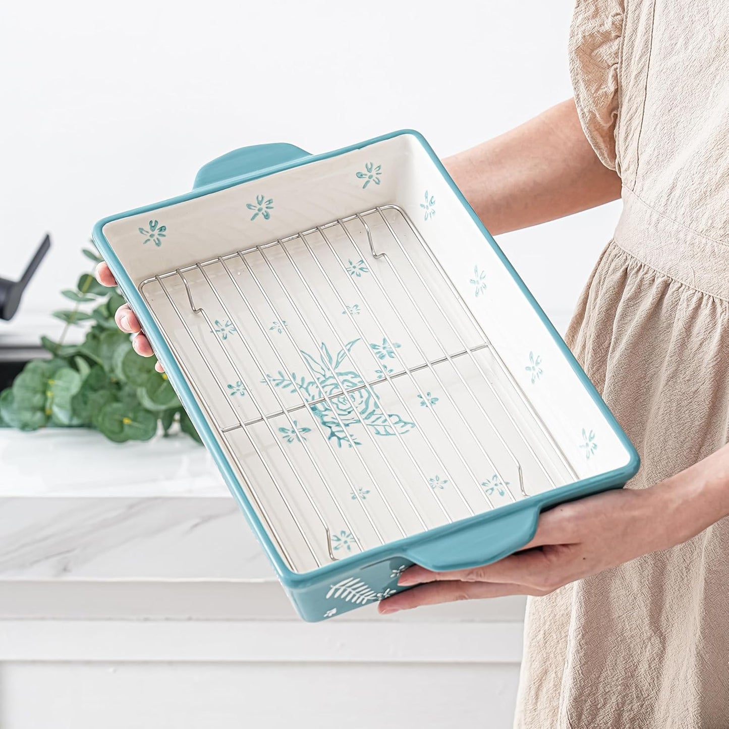Wisenvoy Casserole Dish - Ceramic Baking Dish with Roasting Rack for Oven | Perfect for Lasagna