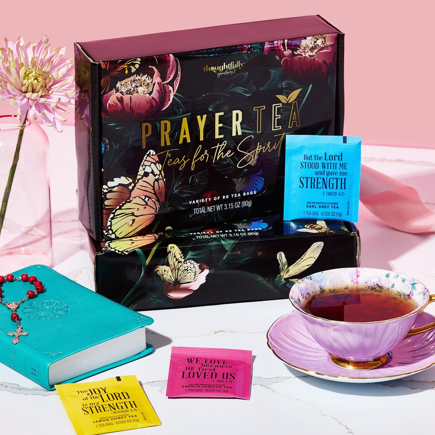 Thoughtfully, Tea Affirmations Christian Prayer Gift Set for Women, Religious Tea Gift with 6 Flavors and Bible Verses from Psalms and Other Books to Rejoice, Mother's Day Pack of 90