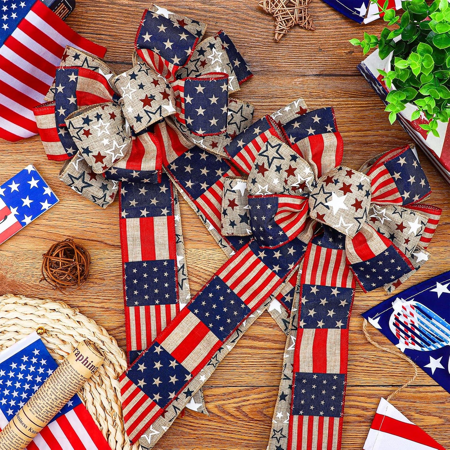 Jutom Patriotic Bow Wreath - Red, White & Blue Star Burlap Bow for 4th of July & Veterans Day | Indoor/Outdoor Decor