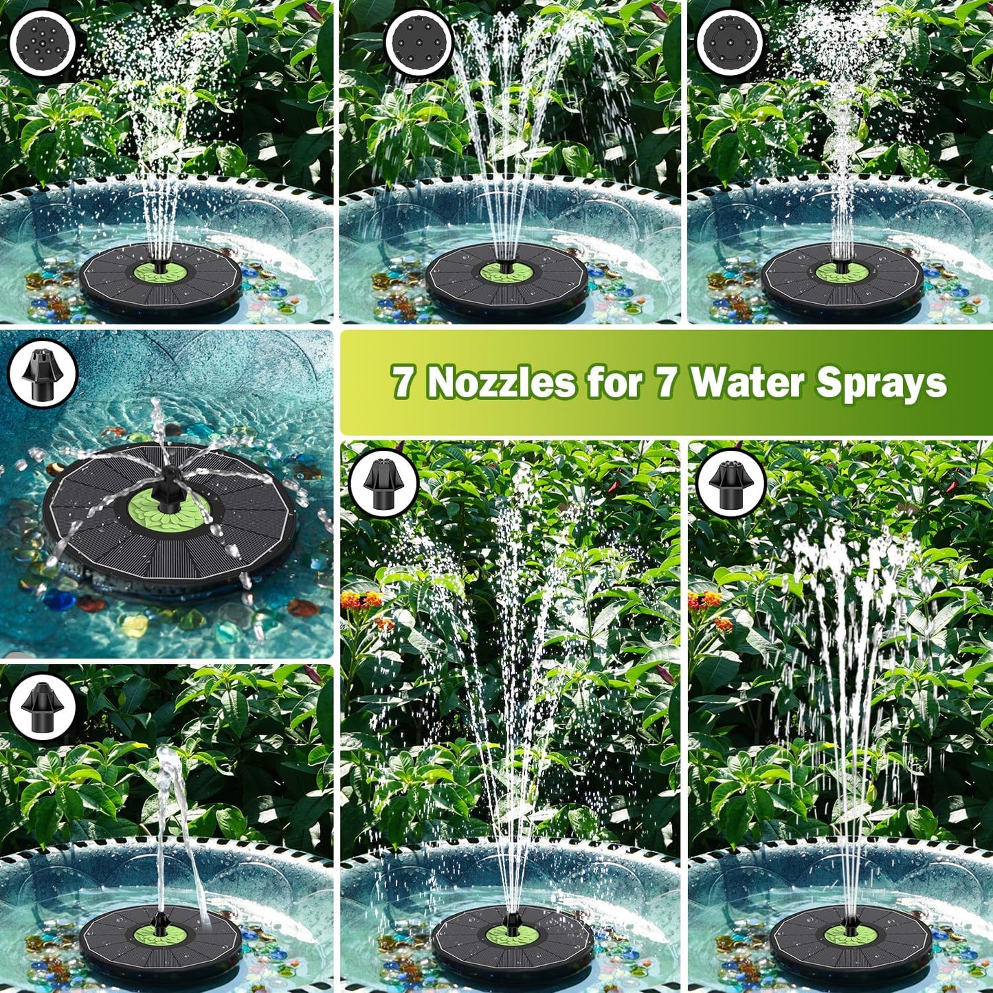 SZMP Solar Fountain - Upgraded 3.5W Full Glass Panel Pump with 7 Nozzles for Bird Bath & Garden Decor - Black