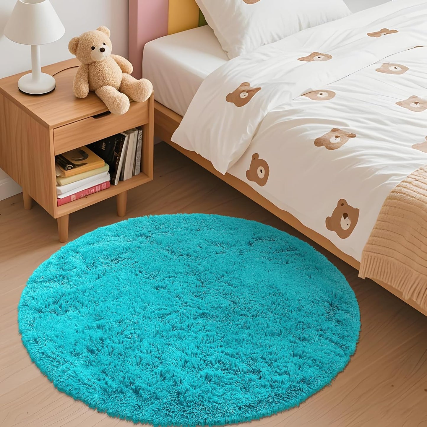 OLANLY Teal Blue Round Rug - Soft & Fluffy Machine Washable 3 ft Circle Area Rug for Bedroom & Living Room Decor