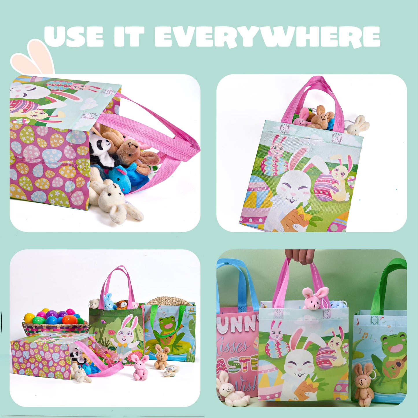 JOYIN 6 Pcs Easter Non-woven Tote Bags with Handle, Happy Easter Egg Bunny Frog Chick & Egg Gift Treat Bags for Gifts Wrapping, Kids Party Supplies & Hunt Game