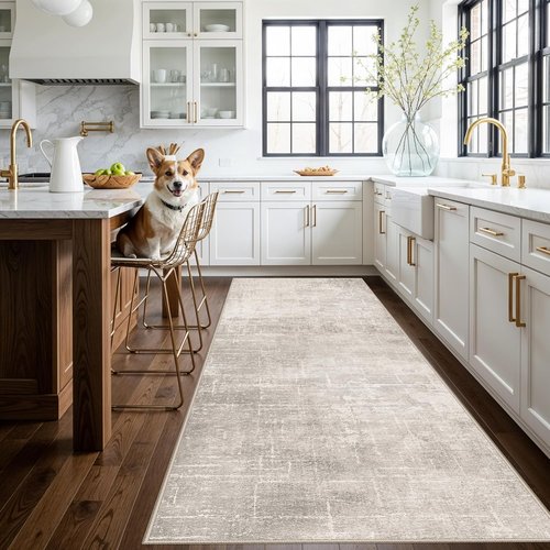 **Regine Switzerland Washable Runner Rug - Stain Resistant Abstract Design | Soft Non-Slip 4x10 Beige/Cream**