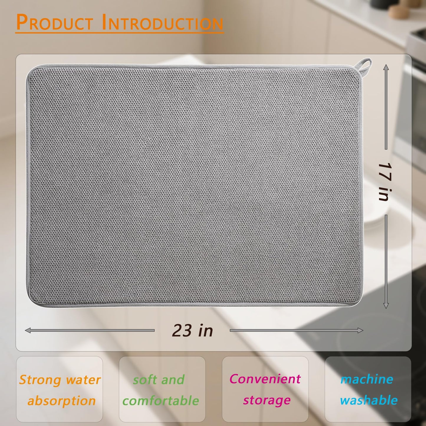 XXL Microfiber Dish Drying Mat, 23"X17" Ultra Absorbent Kitchen Counter Mat, Kitchen Drying Mat,Grey