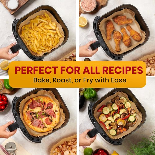Baker's Signature Air Fryer Paper Liners - 125 Pcs Non-Stick & Oil Proof, 8” Square for 5-8 Qt Baskets