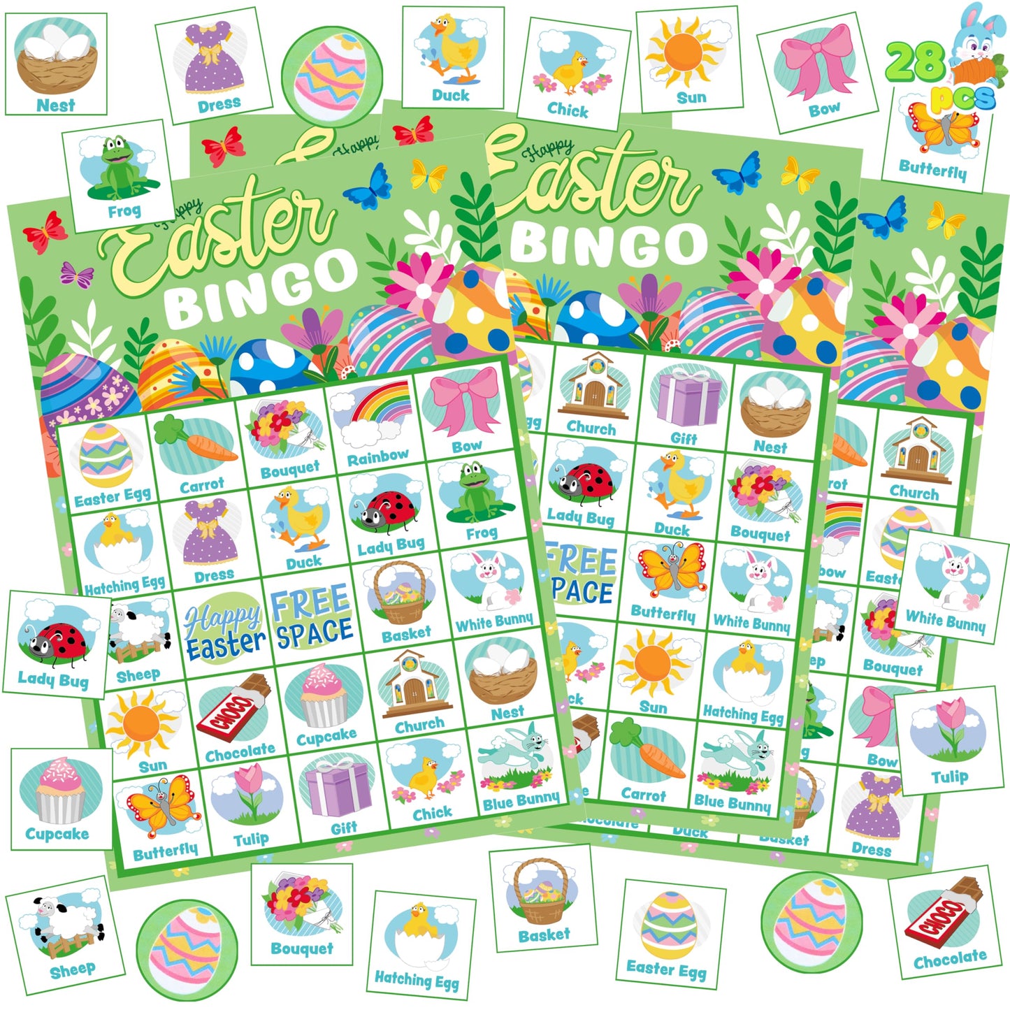 JOYIN 28 Players Easter Bingo Cards (5x5) for Easter Party Goodies Games, Kids School Classroom Gift, Indoor Family Activities, Basket Filler Stuffers