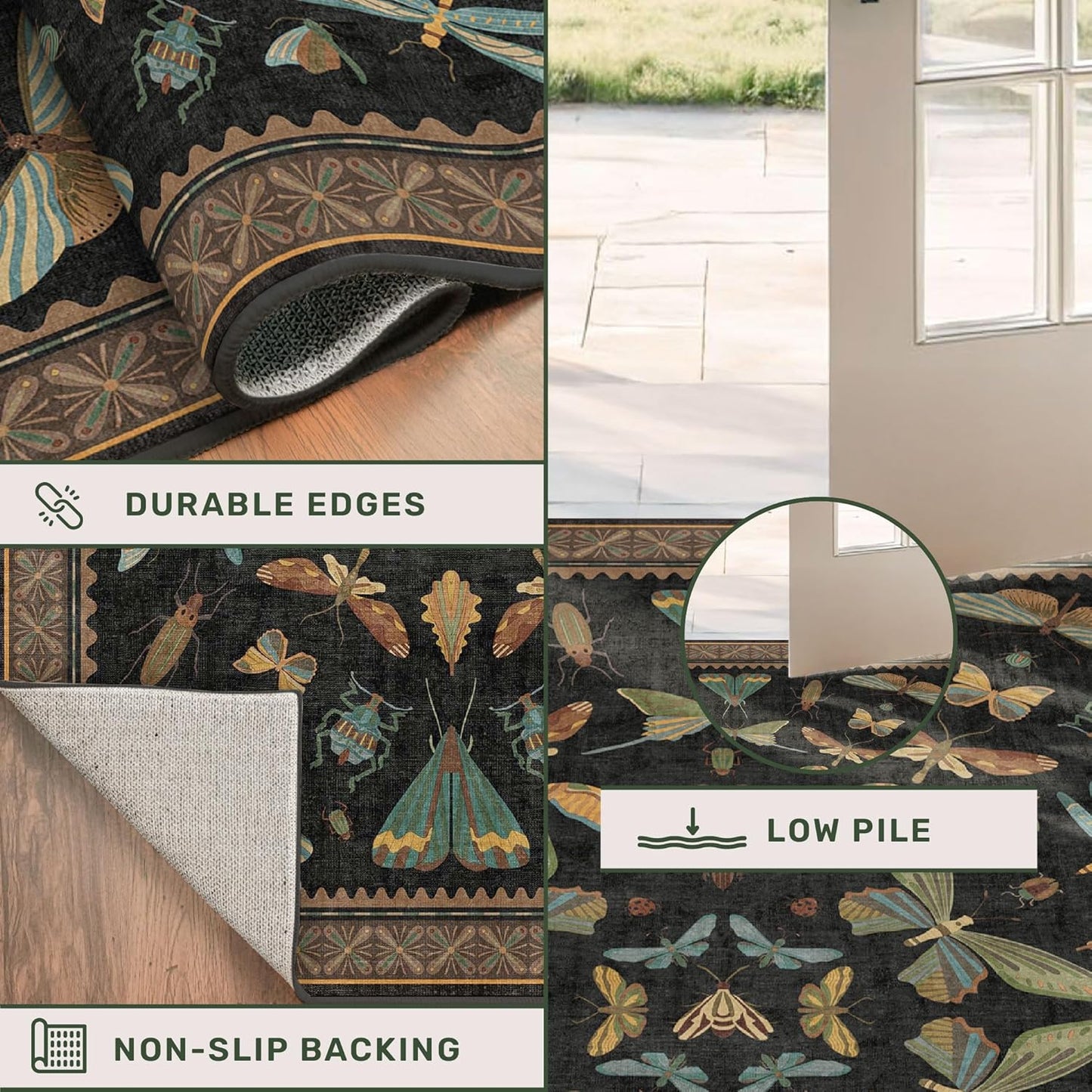 Skiennix Black Insect Washable Non-Slip Runner Rug - 2'6"x8' Stain-Resistant for Kitchen & Hallways | Dark Floral Boho Decor