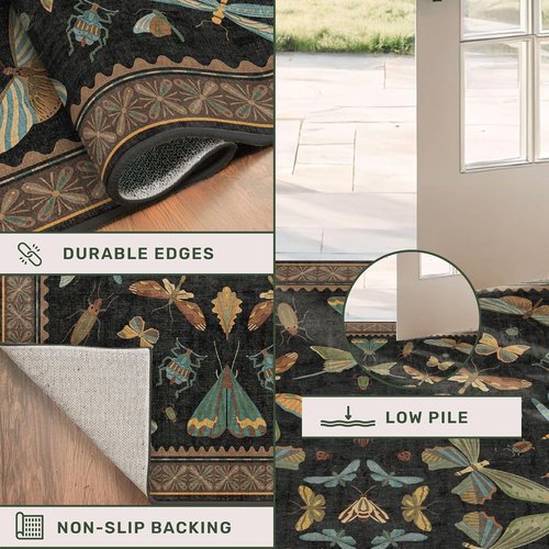 Hazo Haus Black Washable Insect Area Rug - Ultra Soft Low Pile | 8x10 for Living Room, Bedroom & Dining Room