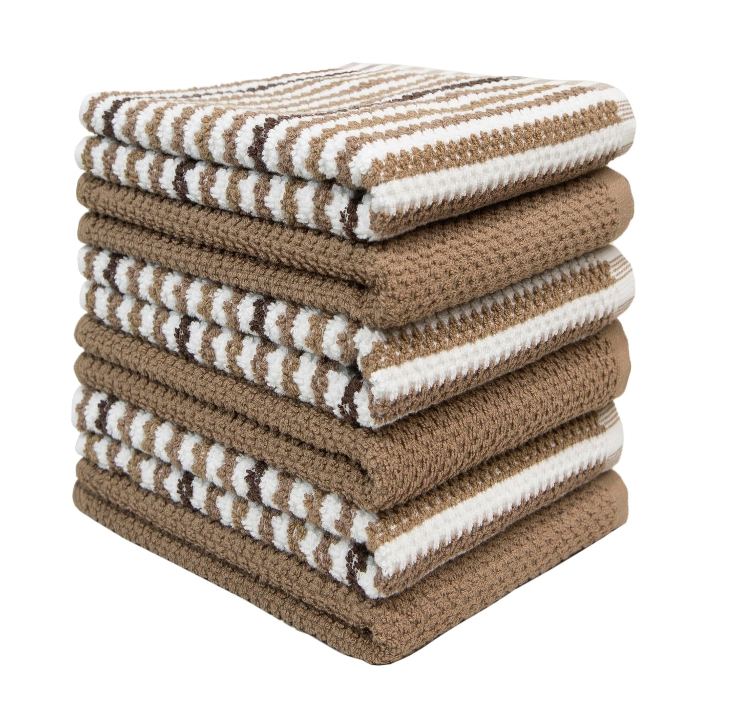 Premium Kitchen Towels (16”x 26”, 6 Pack) | Large Cotton Kitchen Hand Towels | Popcorn Striped Design | Dish Towels | 430 GSM Highly Absorbent Tea Towels Set with Hanging Loop | Tan