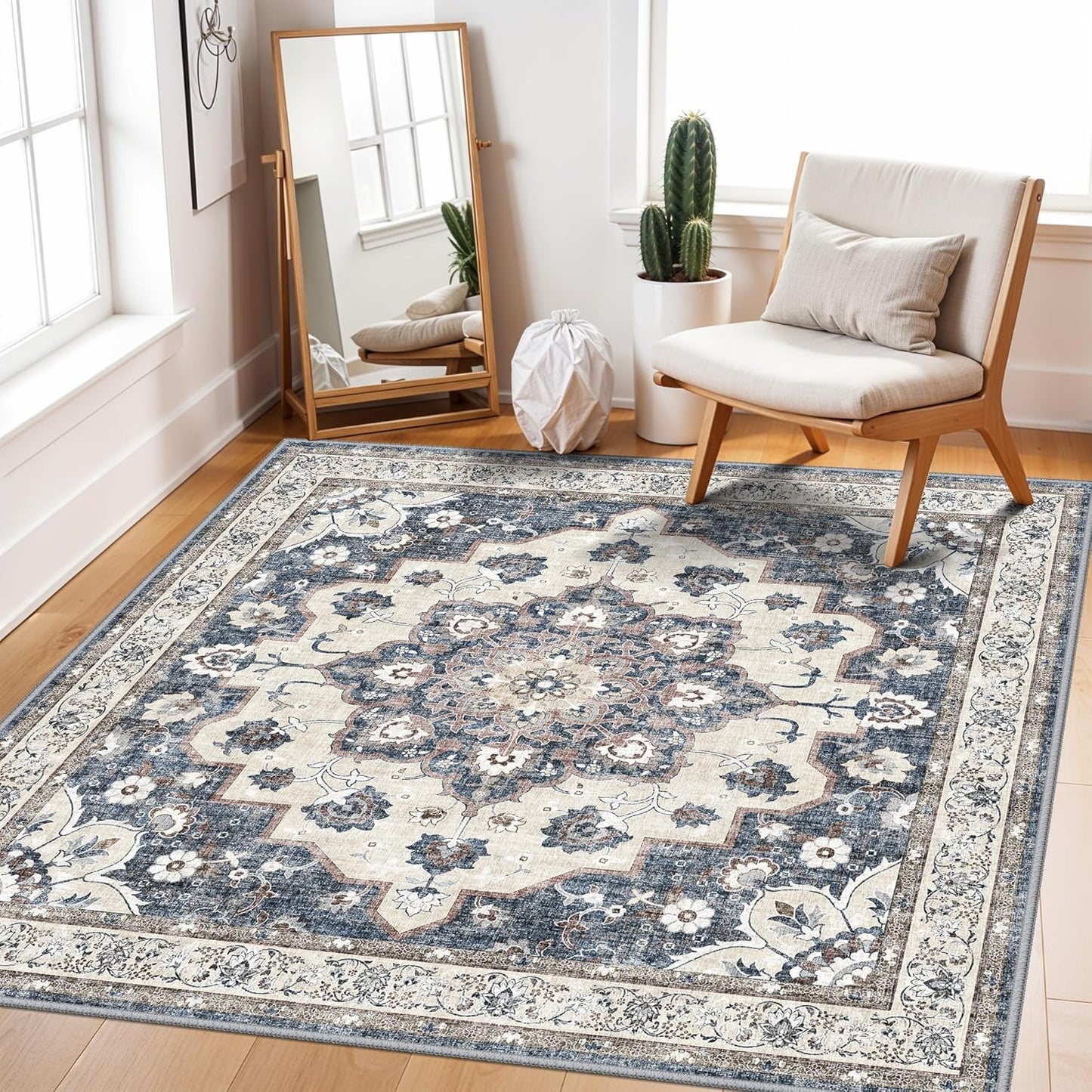 Regine Switzerland Washable 4x4 Square Area Rug - Ultra Thin, Soft, Non-Slip Carpet for Living Room & Bedroom | Stain Resistant, Cozy Blue Mat