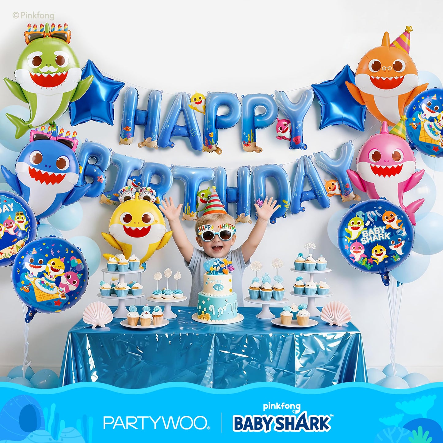 PartyWoo Baby Shark Blue Happy Birthday Banner Letter Balloons 16 Inch Blue Mylar Foil Letter Balloons for Boys and Girls Baby Shark Under the Sea Ocean Theme Kids Birthday Party Decorations