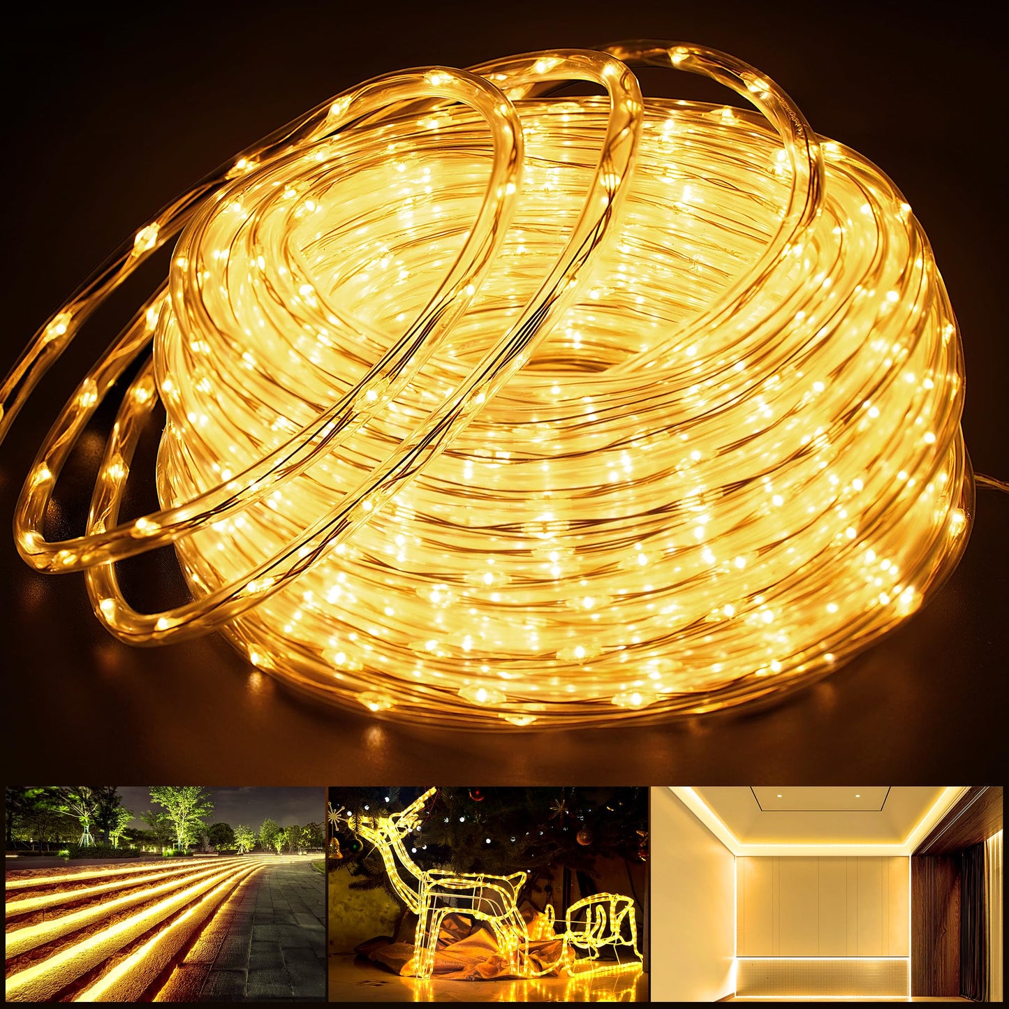 OMIKA Connectable 66FT 800 LED Thin Rope Lights Outdoor, Warm White Fairy Lights Plug in, Outdoor String Light Waterproof Decorative Lighting for Deck Patio Yard Garden Pathway Camping Indoor Decor