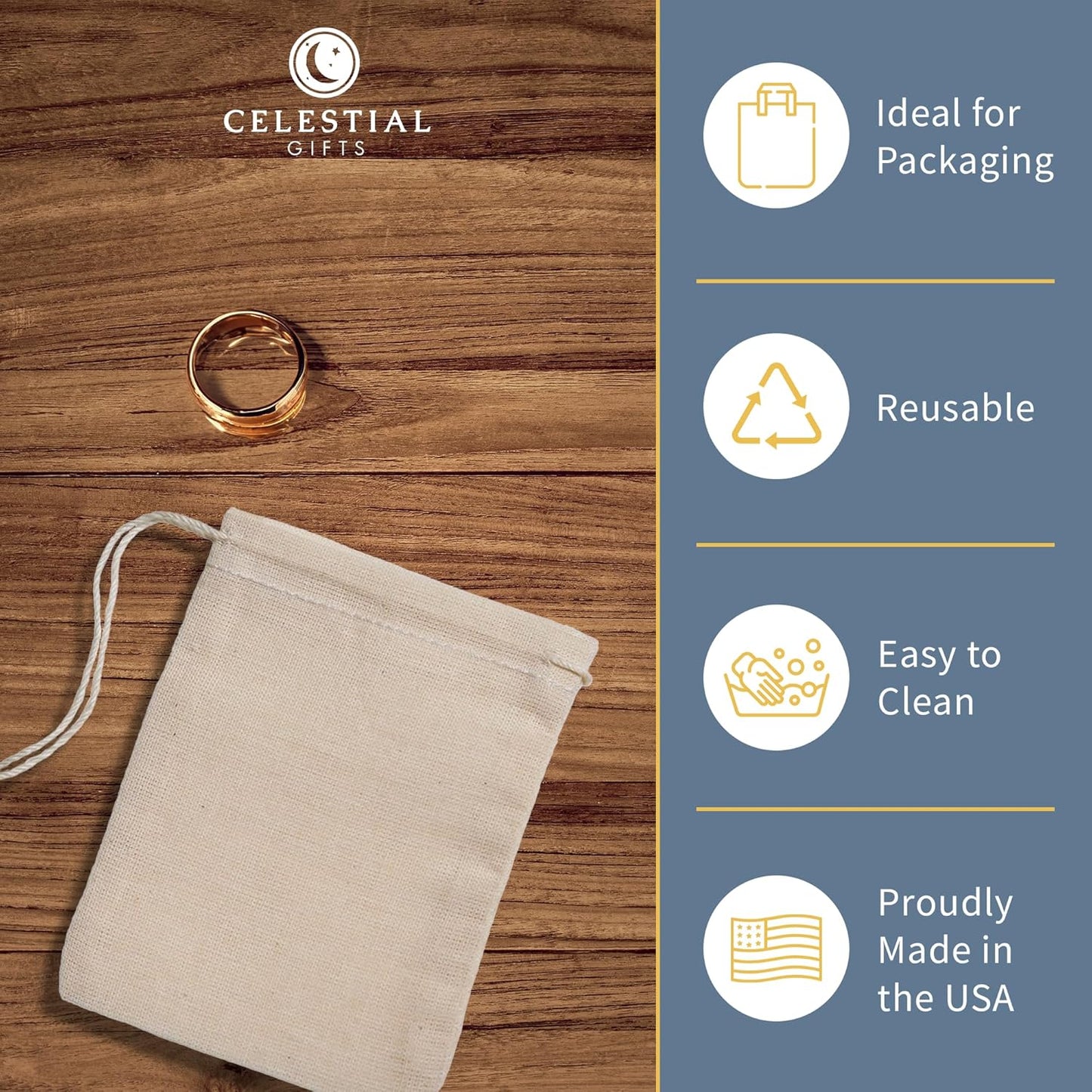 Celestial Gifts Muslin Bags 100pcs 5x7, 100% Cotton Drawstring Bags for Party Favors, Parts, Cowboy Coffe and More - Made in USA (Natural Hem & Drawstring)
