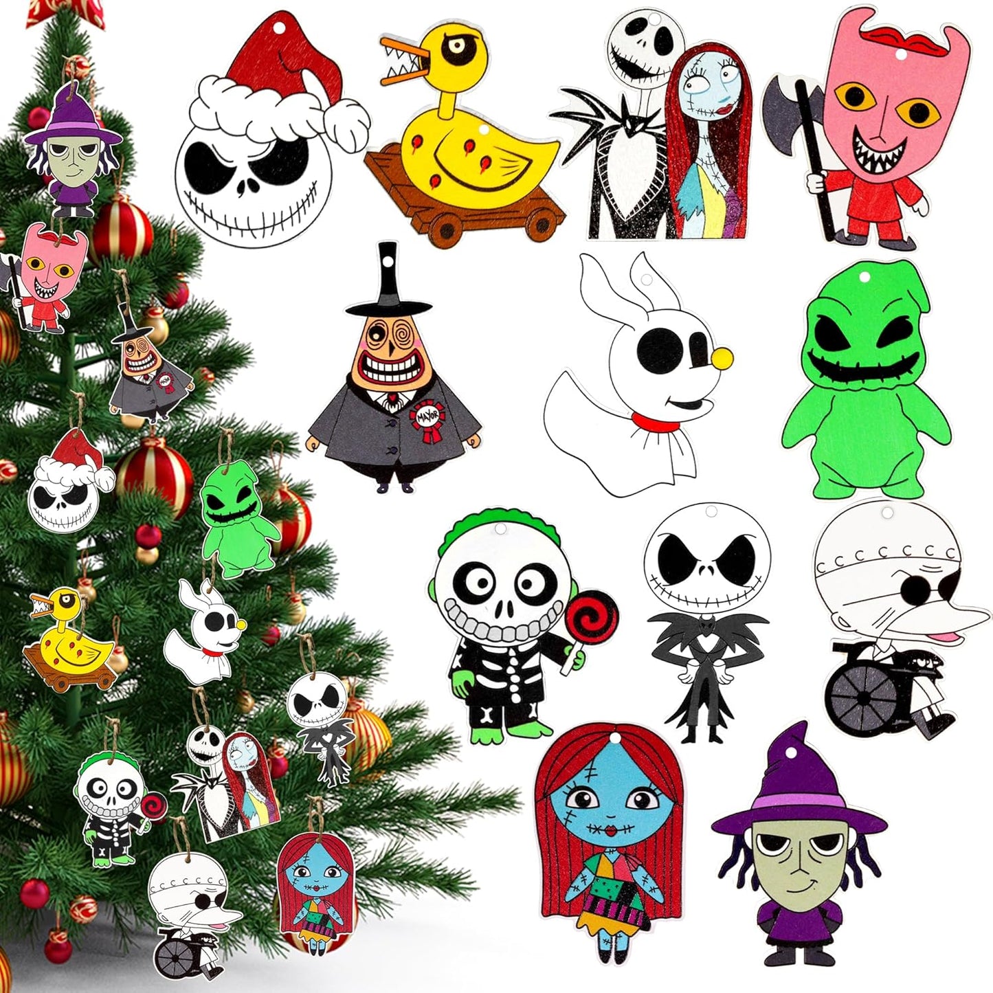 Skiennix 36 PCS Halloween & Christmas Night-Mare Ornaments - Wooden Hanging Decorations for Home Decor