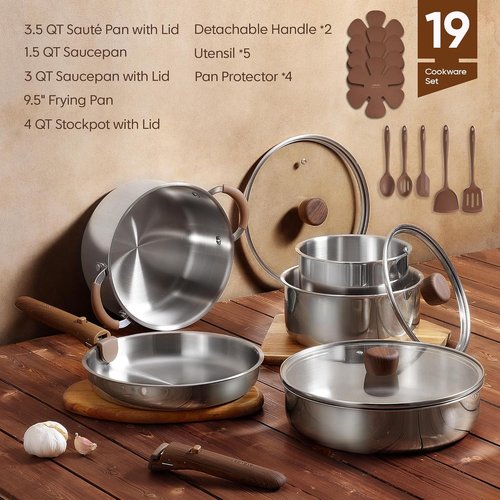 CAROTE 19-Piece Stainless Steel Cookware Set - Induction-Compatible Pots & Pans with Detachable Handle | Oven Safe, Woodgrain Finish