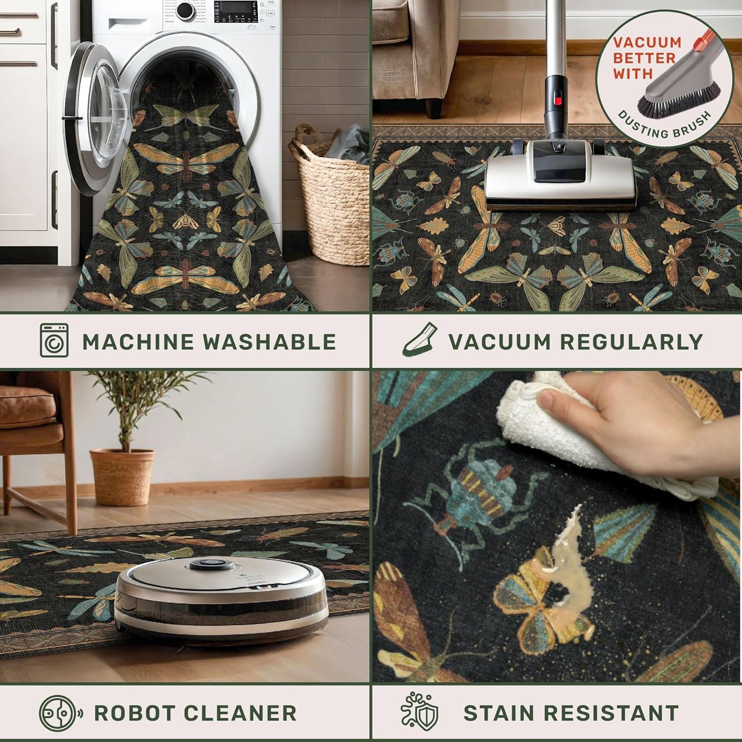Skiennix Black Insect Washable Non-Slip Runner Rug - 2'6"x8' Stain-Resistant for Kitchen & Hallways | Dark Floral Boho Decor