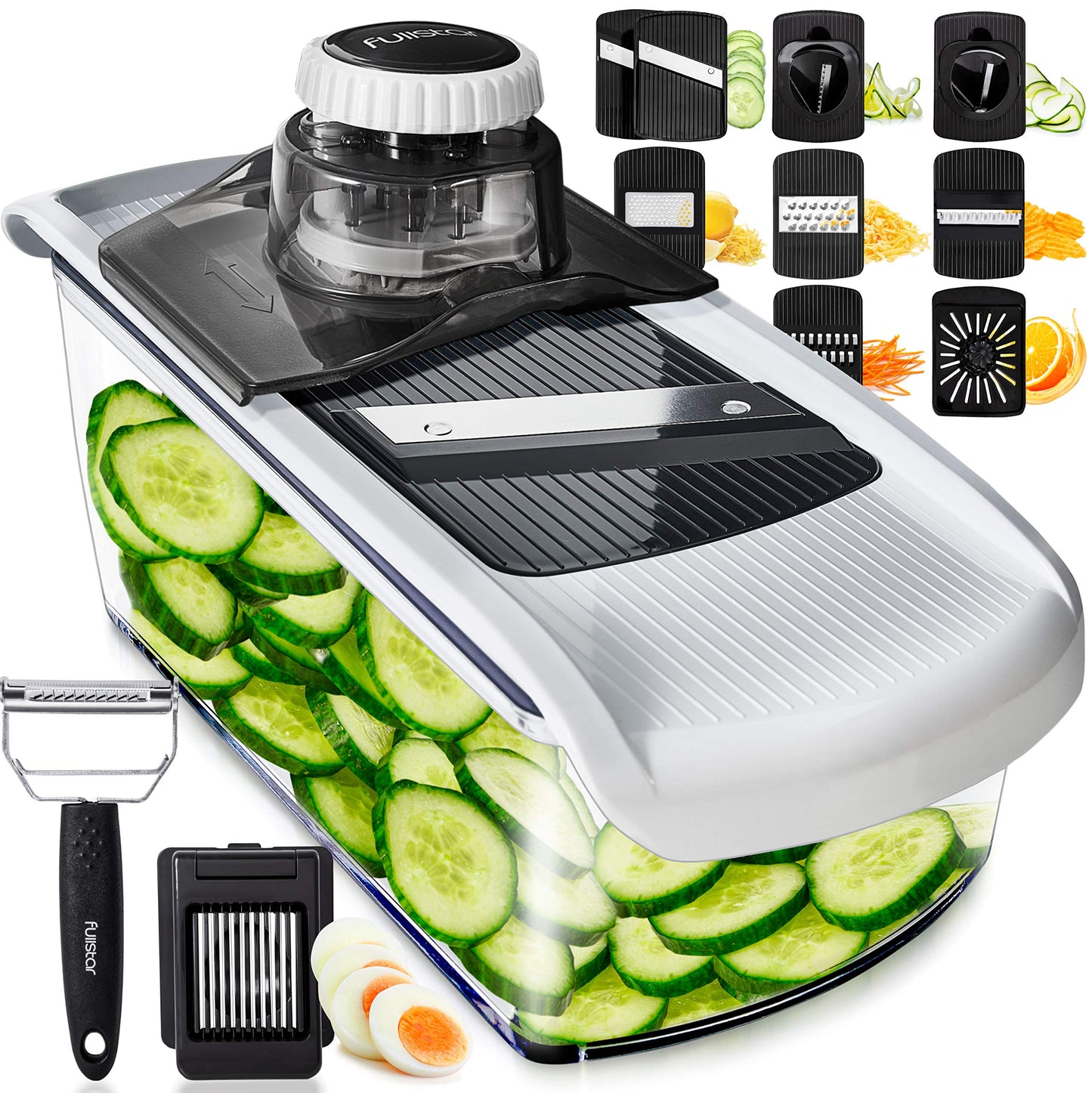 Fullstar Mandoline Slicer for Kitchen, Fruit Cutter, Cheese Grater, Cucumber Slicer, Veggie Spiralizer, Food Cutter & Kitchen Gadgets & Gifts with Safety Glove (11 in 1, Stainless Steel)