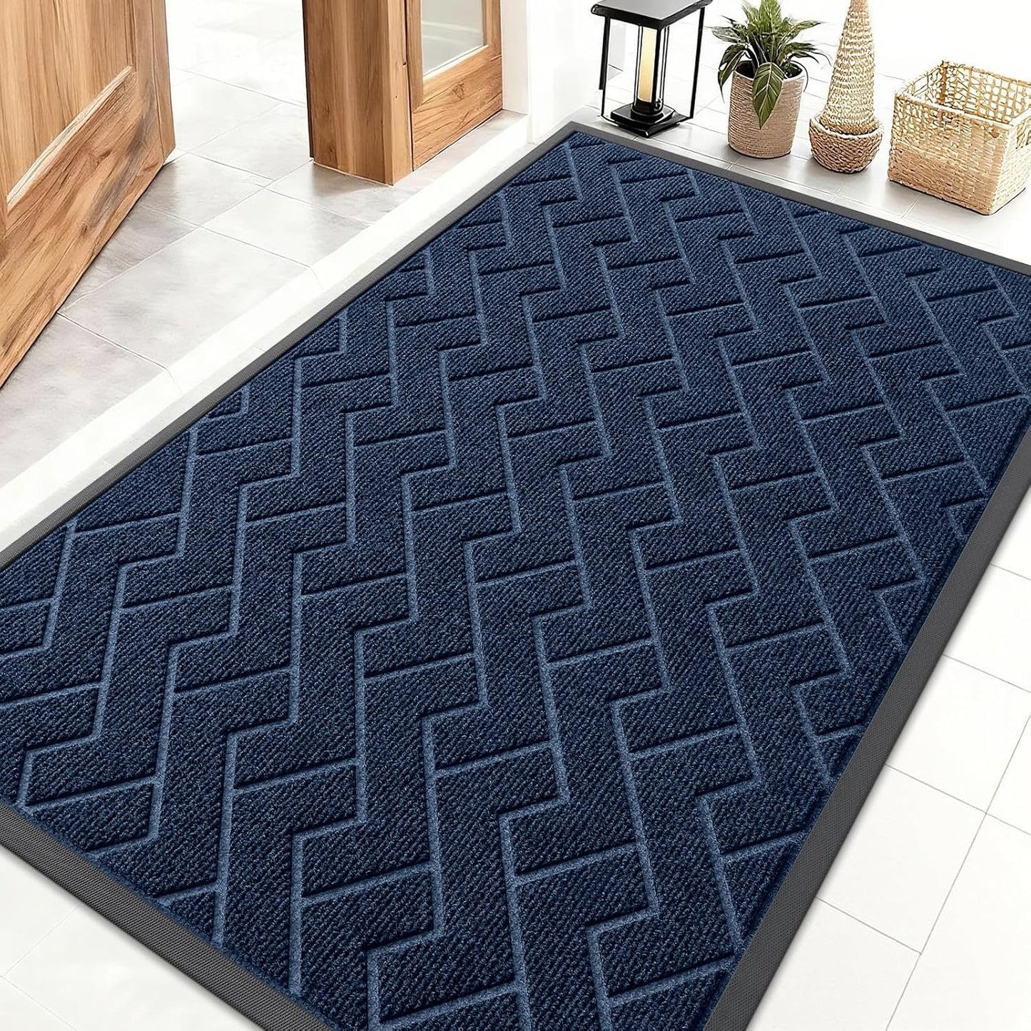 OLANLY Waterproof Front Door Mat - All-Season Indoor/Outdoor Herringbone Design | Easy Clean, 47x32 (Blue)