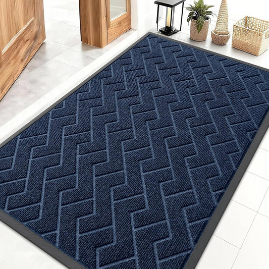 OLANLY Waterproof Front Door Mat - All-Season Indoor/Outdoor Herringbone Design | Easy Clean, 47x32 (Blue)