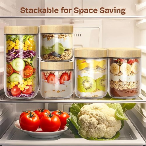 4 Pack Glass Overnight Oats Containers by [Brand Name] - Airtight Bamboo Lids | Meal Prep Jars for Yogurt & Snacks