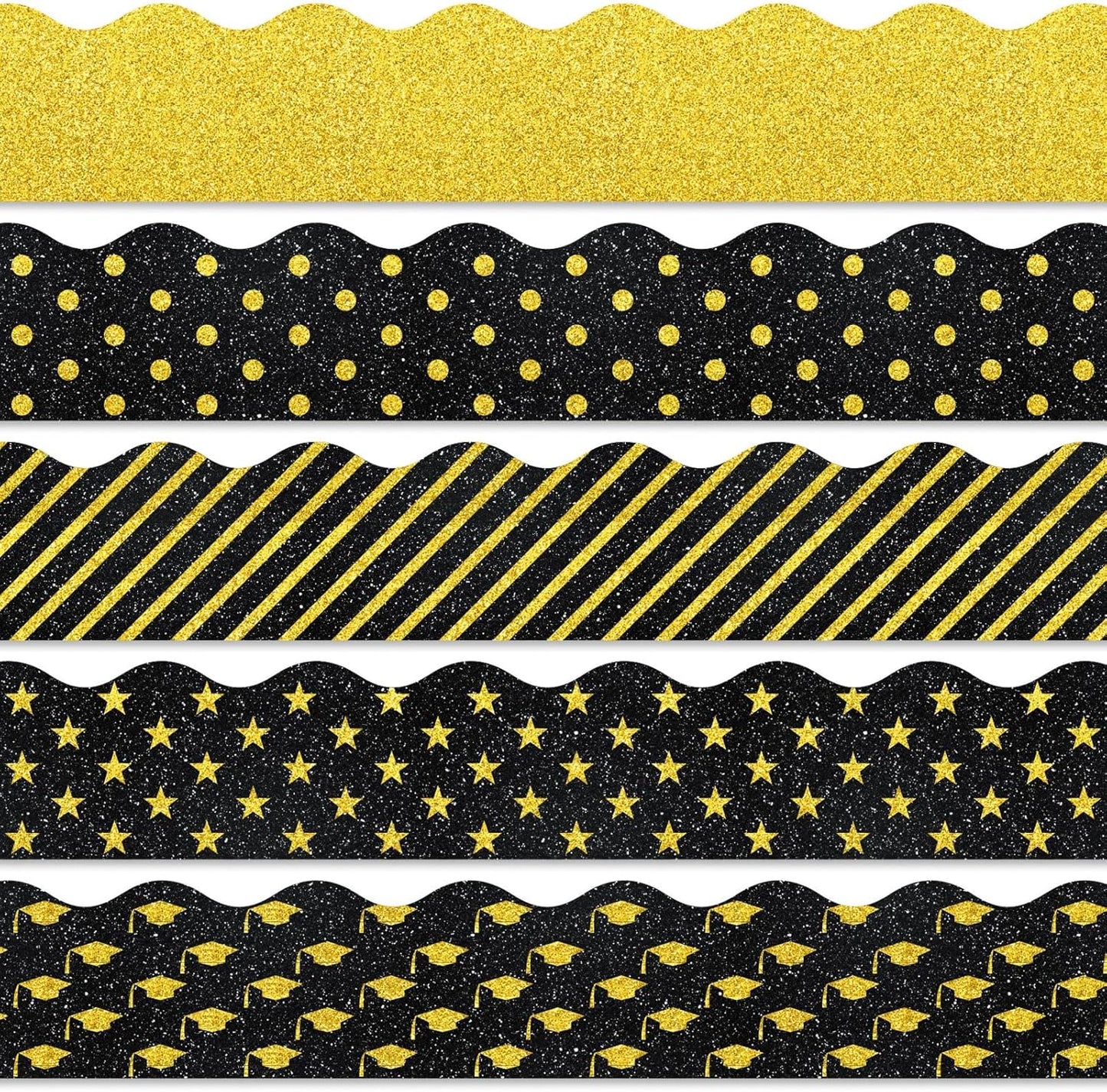 Whaline Graduation Bulletin Board Borders - Glitter Black & Gold Cap & Star Design | 69 Ft Trim for Classroom & Office Decor