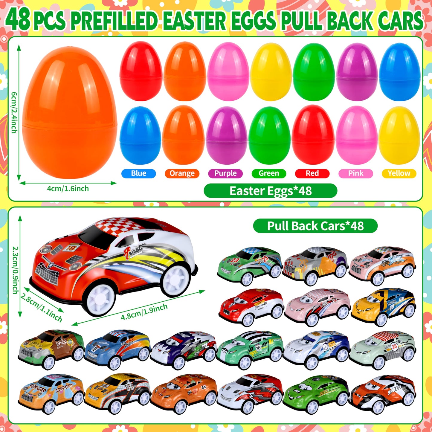 Seifar 48 Pack Prefilled Easter Eggs Filled with Pull Back Cars, Eggs with Racing Vehicle Inside, Easter Hunt Basket Stuffers Party Favors Classroom Prizes Gift for Kids Girls Boys