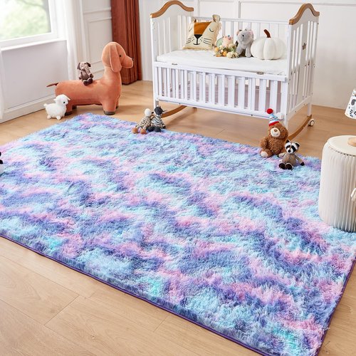 Andency 5x8 Shag Area Rug for Living Room, Tie-Dyed Unicorn Rainbow Soft Fuzzy Plush Indoor Carpets for Bedroom, Non Skid Fluffy Faux Fur Rug for Room