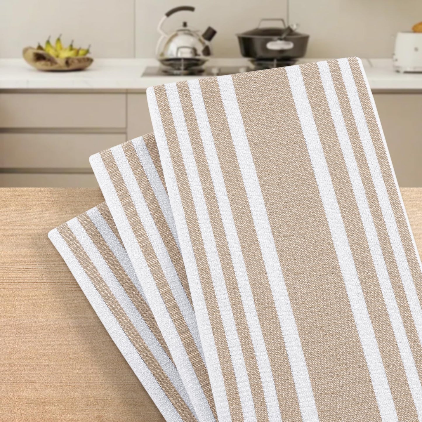 Homaxy Premium Kitchen Towels 18”x 28”, Large Cotton 380 GSM Kitchen Hand Towels, Stripe and Terry Dish Towel, Highly Absorbent Tea Towel Set with Hanging Loop, 6 Pack, Khaki