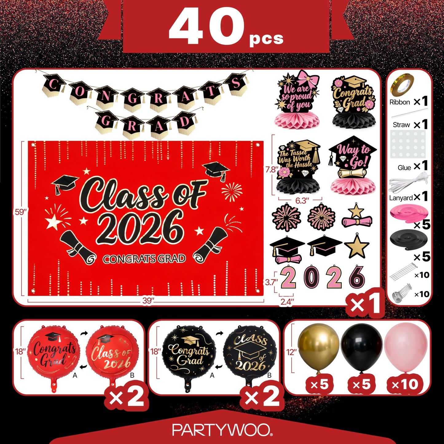 PartyWoo Graduation Decorations Class of 2026 Grad Party Supplies Set with Congrats Grad Red Black Pink Backdrop Banner Hanging Swirls Foil Latex Balloons Graduation Cap Centerpieces Party 40pcs