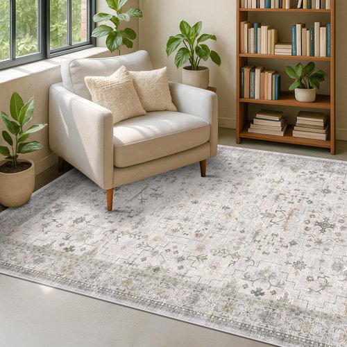 Hazo Haus Boho Light Grey 5x7 Area Rug - Modern Vintage Floral Design, Washable Non-Slip for Living Room & Nursery