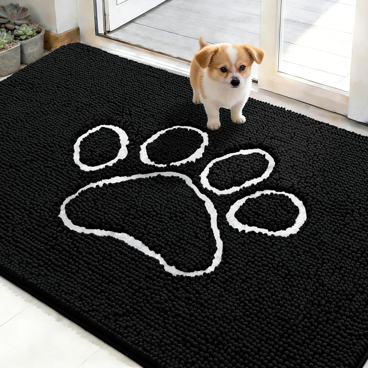 OLANLY Dog Door Mat - Absorbent Non-Slip Mud Mat for Muddy Paws | 48x30 Inches, Black Paw Print Design