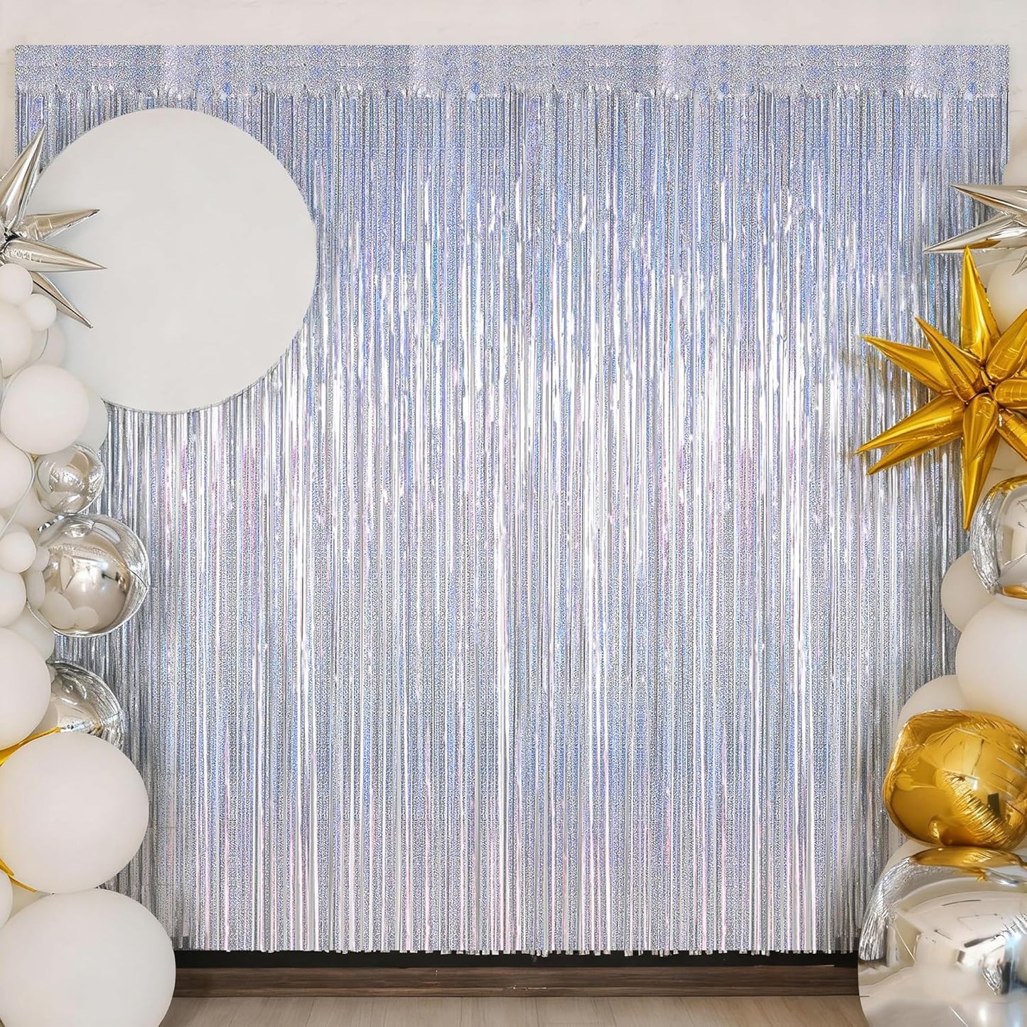 Skiennix Silver Metallic Tinsel Foil Curtains - 2 Pack Glitter Fringe Backdrop | 3.28 FT x 7.05 FT for Parties