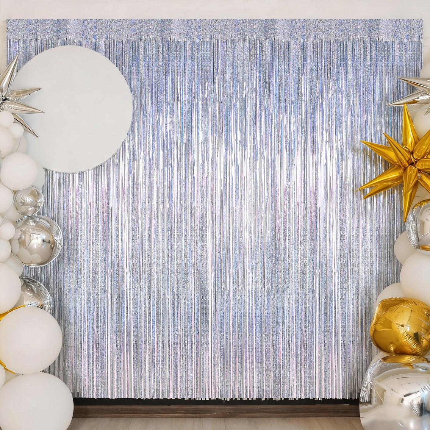 2 Pack Silver Metallic Tinsel Foil Curtains, 3.28 FT x 7.05 FT Glitter Silver Fringe Curtains, New Year Door Streamer Tinsel Backdrop Photo Booth for NYE Party Birthday Engagement Party Decorations