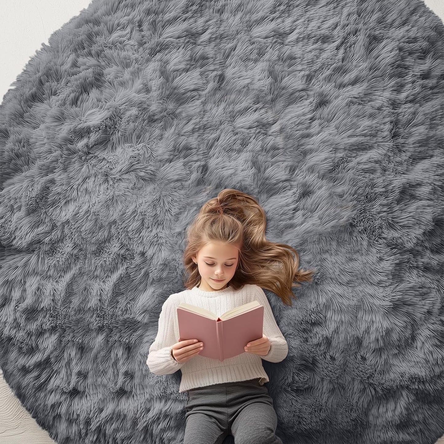 OLANLY Grey Round Area Rug - Soft, Fluffy, Machine Washable 8 ft Circle Carpet for Bedroom & Living Room Decor