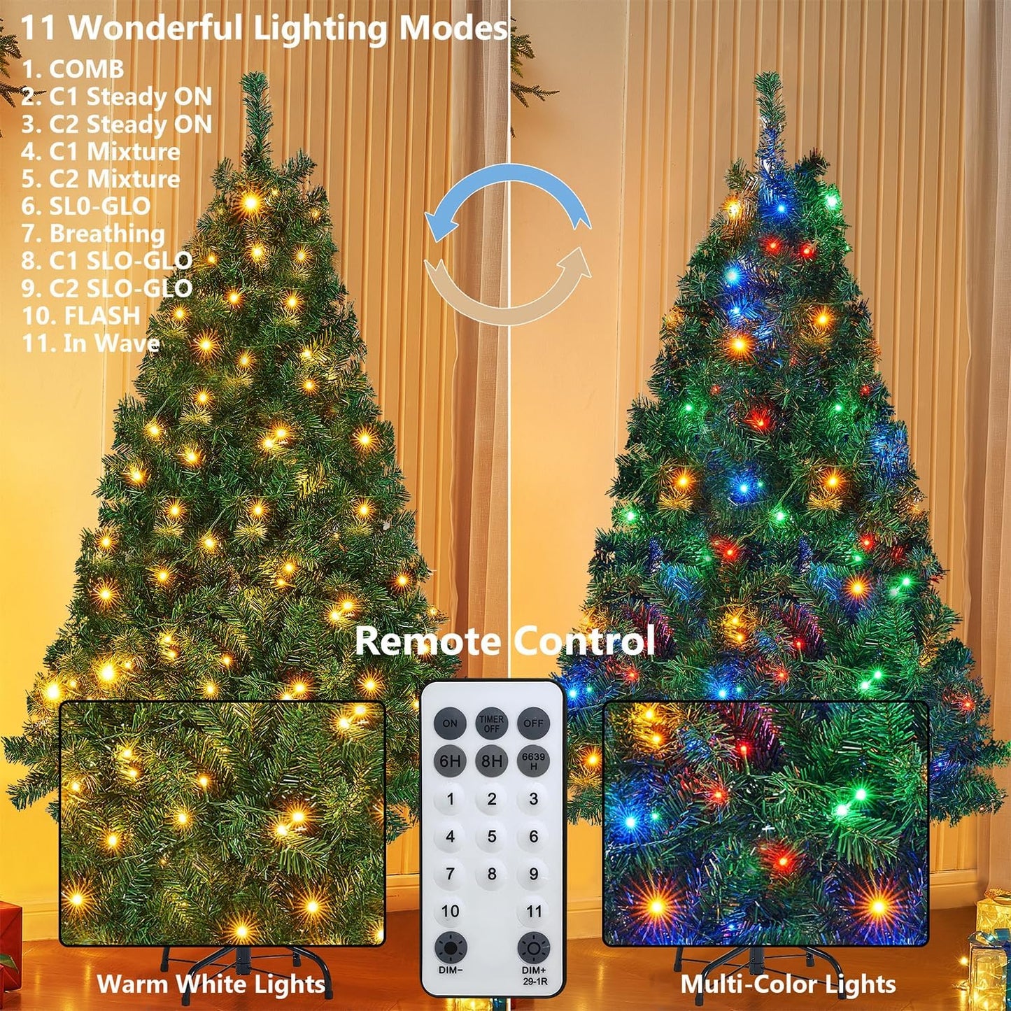Juegoal 6-Foot Artificial Christmas Tree - 300 LED Warm White & Color Changing Lights | Durable Metal Legs, 850 Tips