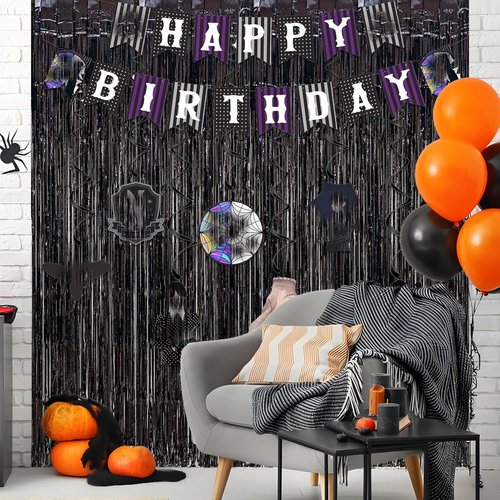 GREATRIL Black Tinsel Curtain Backdrop - Foil Fringe Streamers for Birthday & Halloween Decor - 1m x 2.5m | Pack of 2