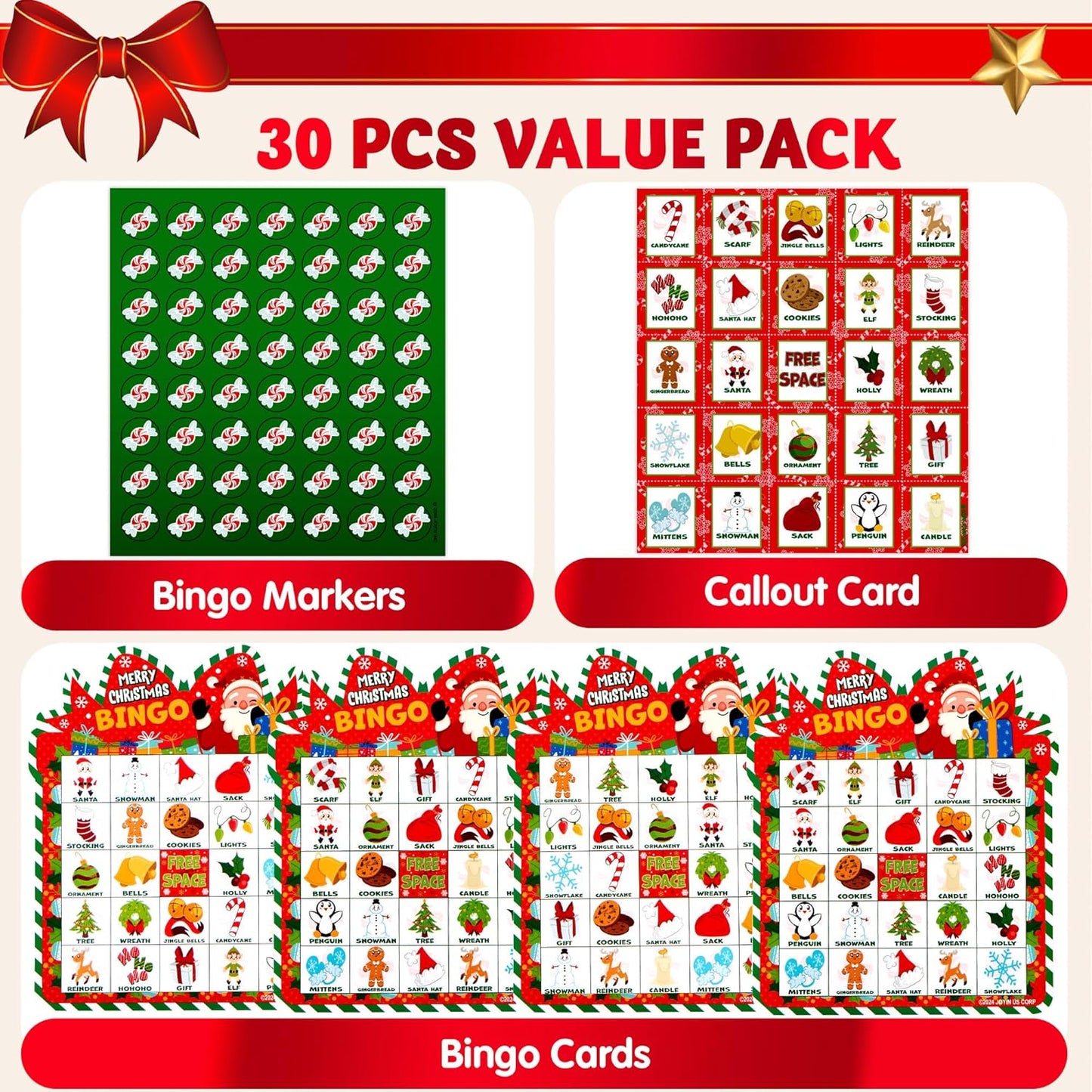 JOYIN Christmas Bingo Cards - Fun 30-Player Game for Kids & Family | Holiday Indoor Party Activity