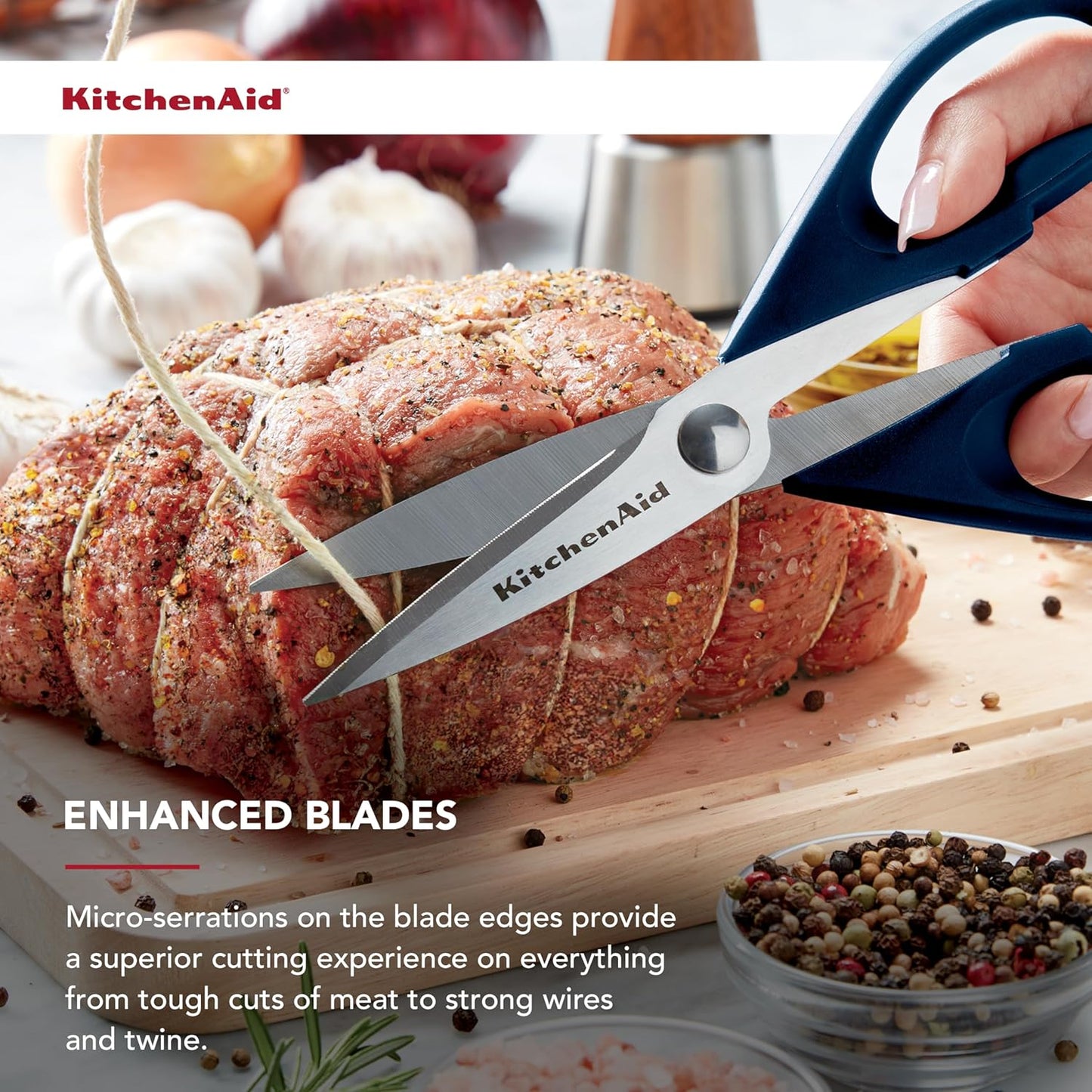 KitchenAid Kitchen Shears - Durable Stainless Steel Scissors with Soft Grip Handle | 8.72 Inch, Ink Blue