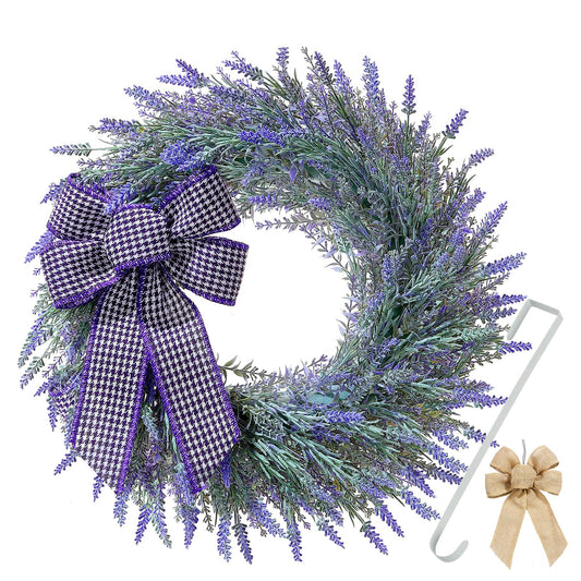 Huadanbor 18 "Wreaths, Artificial Lavender Wreaths for Front Door，The Wreath Included Bowknot and Hanger, for Spring, Summer, Autumn and Winter, Indoors,Outdoors, corridors, Offices. (Purple)