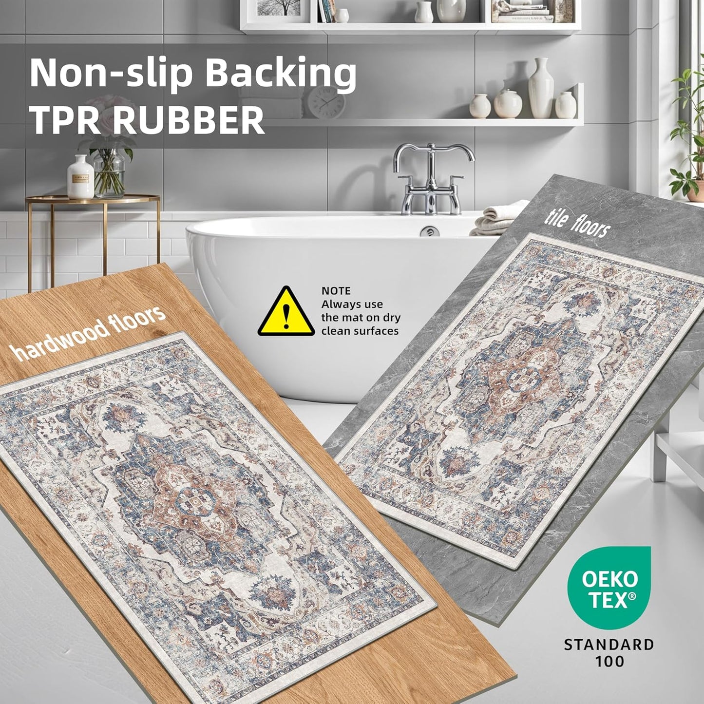 Skiennix Washable Kitchen Rug Set - Boho Non-Slip Soft Mats for Dog Bowl Area | 3 Sizes in Brick