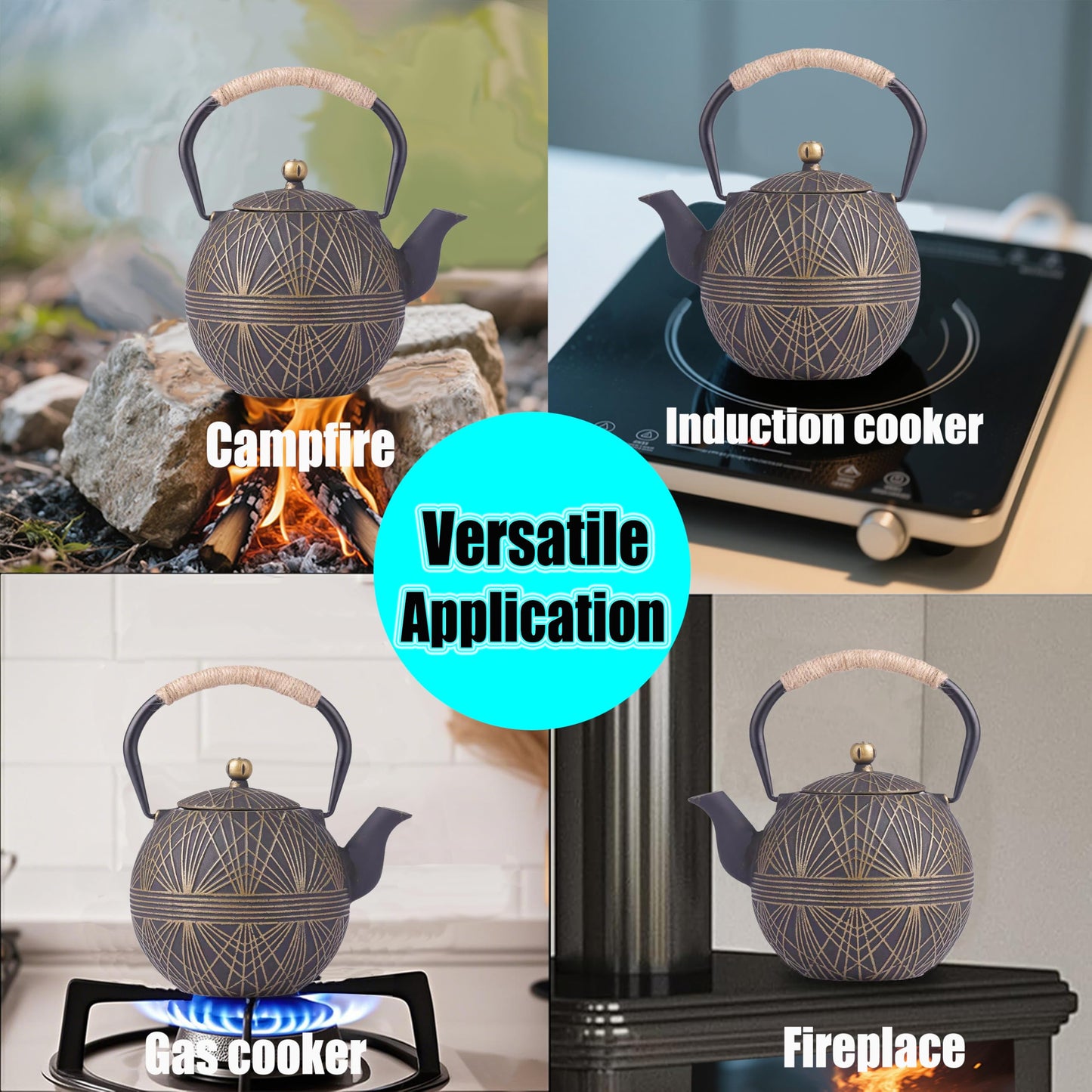Enameled Cast Iron Teapot 34oz（1000ml） - Japanese Style Kettle with Removable Stainless Infuser & Ergonomic Handle, Stovetop Safe for Loose Leaf Tea Green and silver (Black Gold)