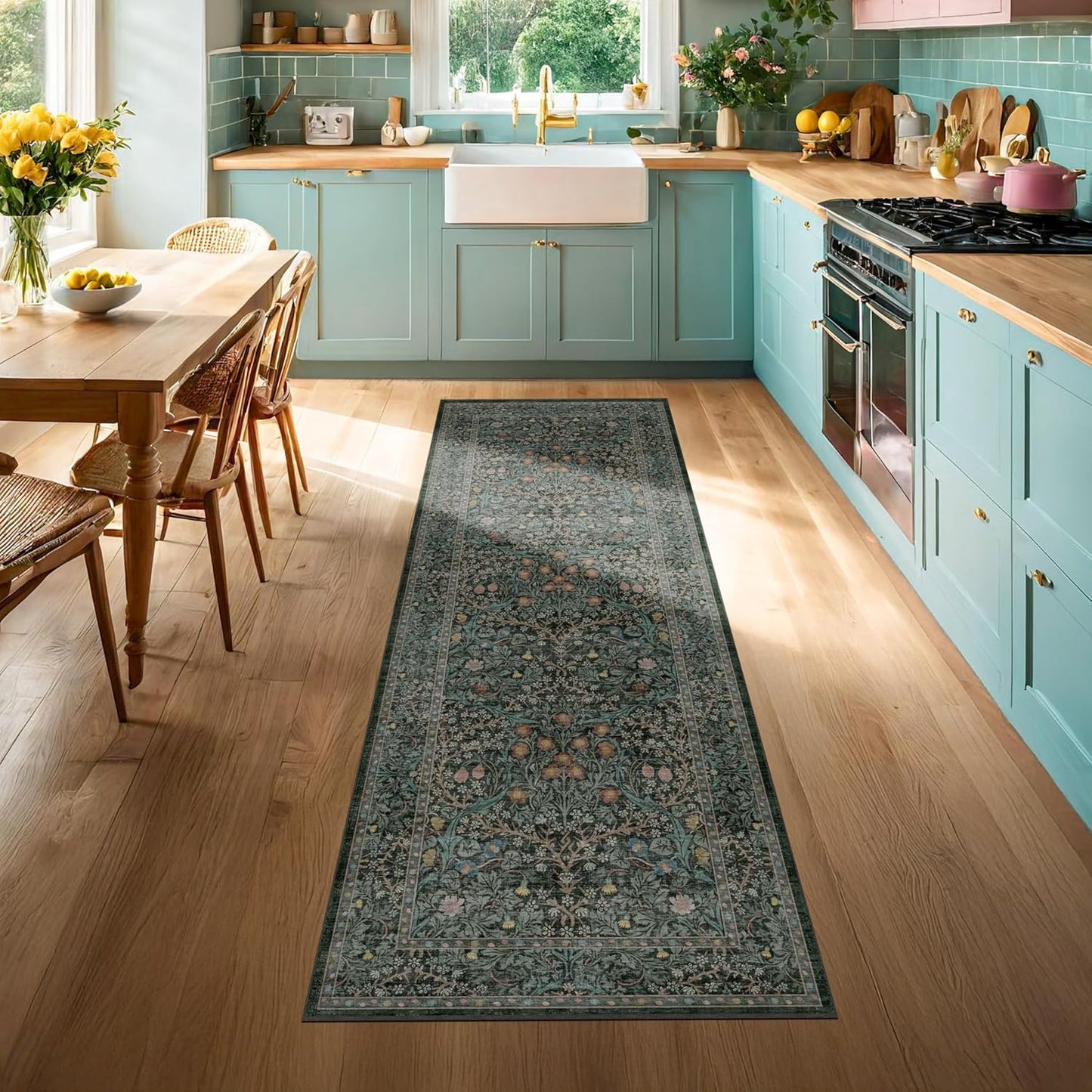Skiennix Dark Green 2x5 Runner Rug - Non-Slip & Washable Floral Boho Design for Indoor Use
