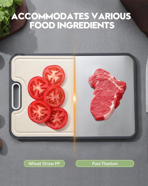 **Titanium Cutting Board - Non-Toxic, Double-Sided Food Grade Pure Titanium & Wheat Straw | Large 16”×11”**