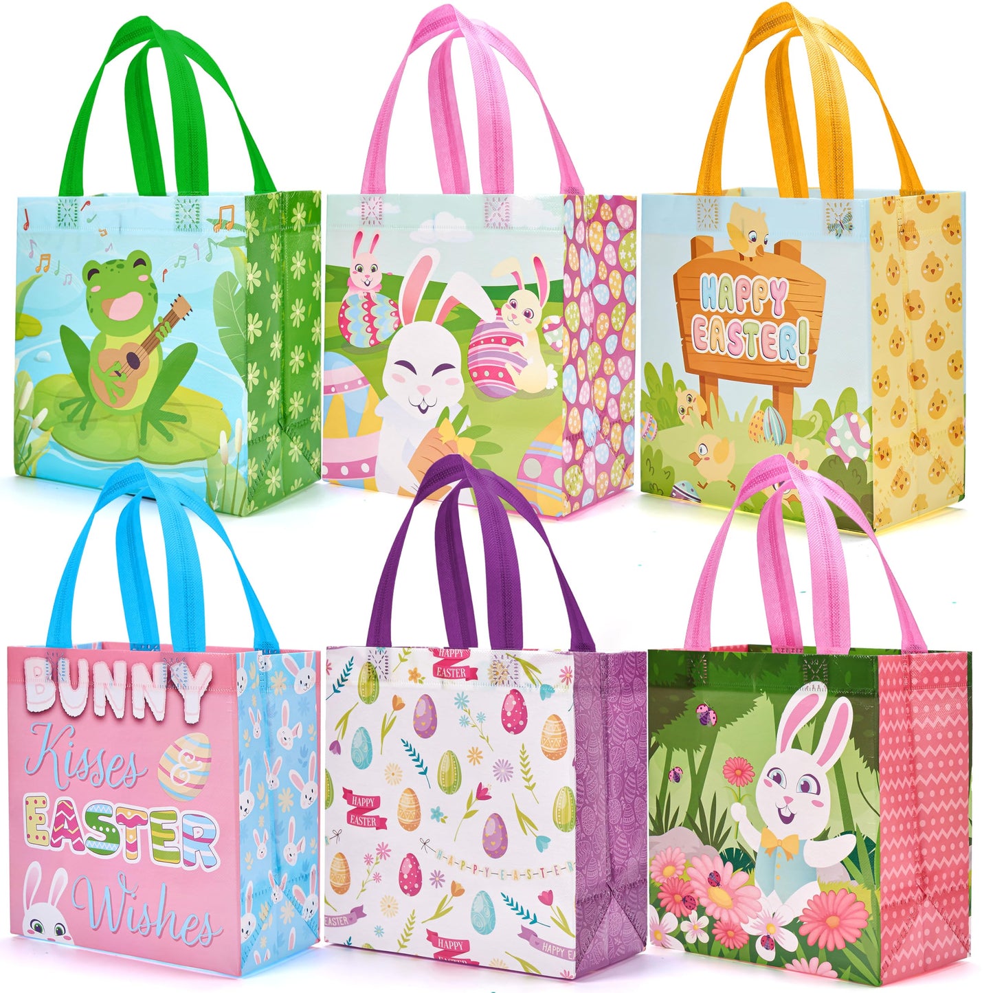 JOYIN 6 Pcs Easter Non-woven Tote Bags with Handle, Happy Easter Egg Bunny Frog Chick & Egg Gift Treat Bags for Gifts Wrapping, Kids Party Supplies & Hunt Game