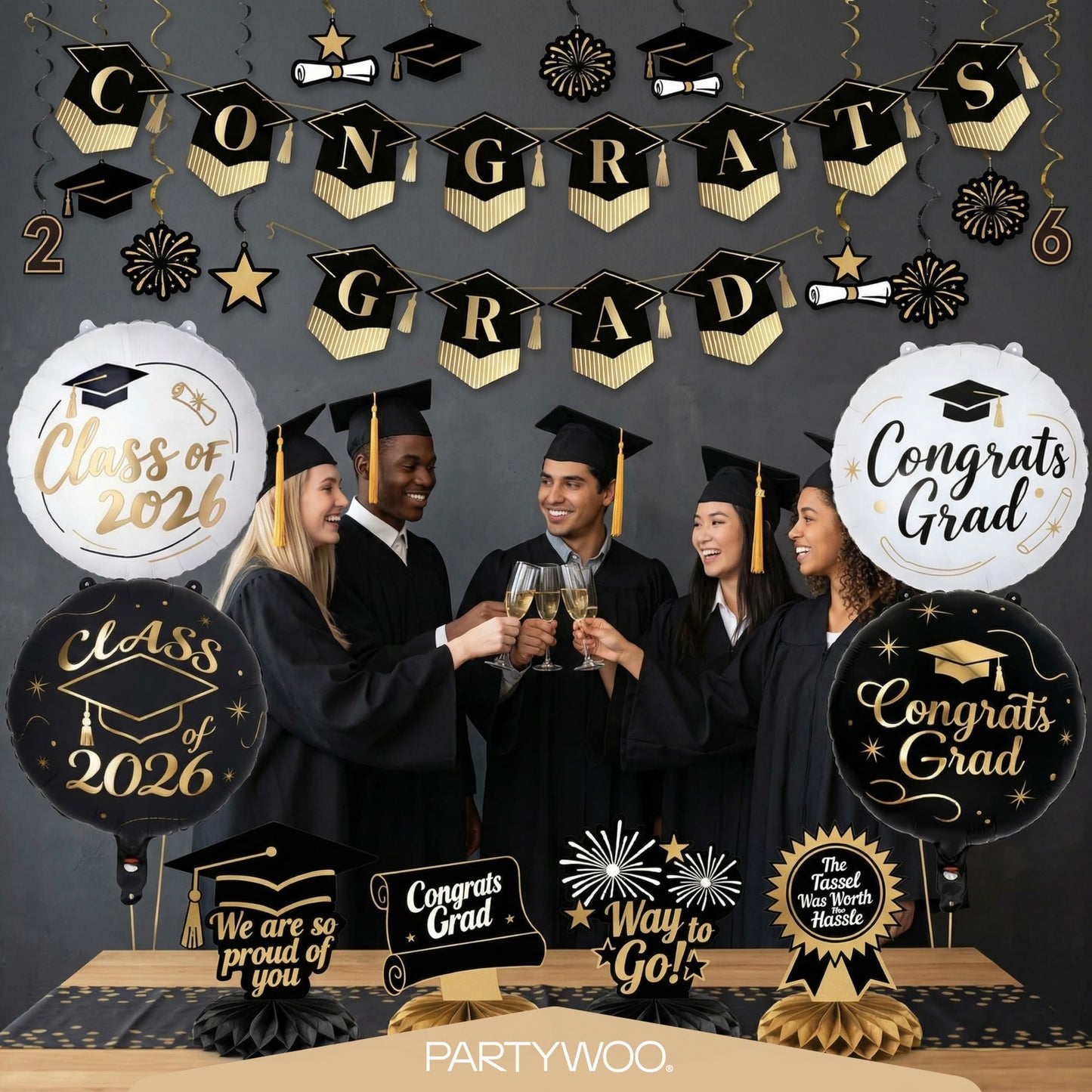 PartyWoo Graduation Decorations Class of 2026 Black Gold 19pcs Grad Party Supplies with Black Gold Congrats 2026 Grad Banner Hanging Swirls Foil Balloons Graduation Cap Centerpieces Party Decorations