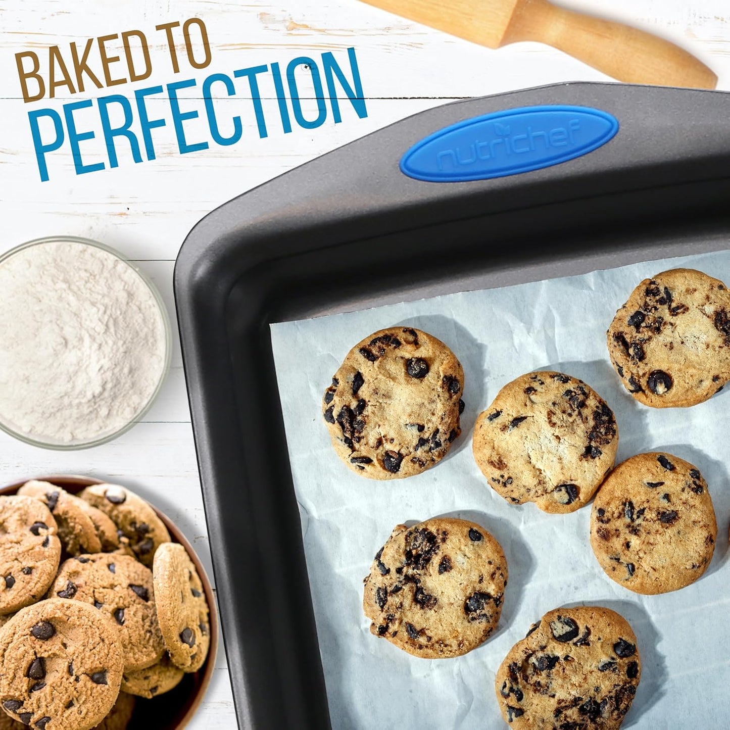 NutriChef 6-Piece Baking Pan Set - Nonstick Carbon Steel Bakeware with Blue Silicone Handles | Includes Cookie Sheets, Roaster Pan, Loaf Pan & Muffin Pan (Gray)
