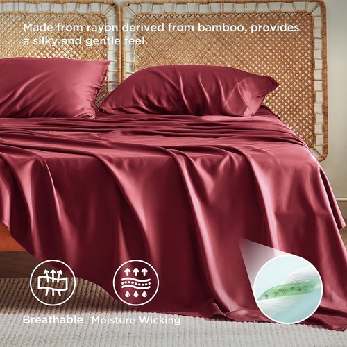 Bedsure Cooling Bed Sheets - Rayon from Bamboo, Breathable & Soft | Full Size, Deep Pocket Up to 16 Inches, Burgundy